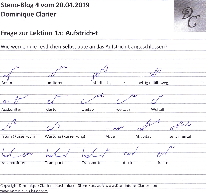 Stenoblog 4 - Frage zu Lektion 15 - Aufstrich-t - Homepage
